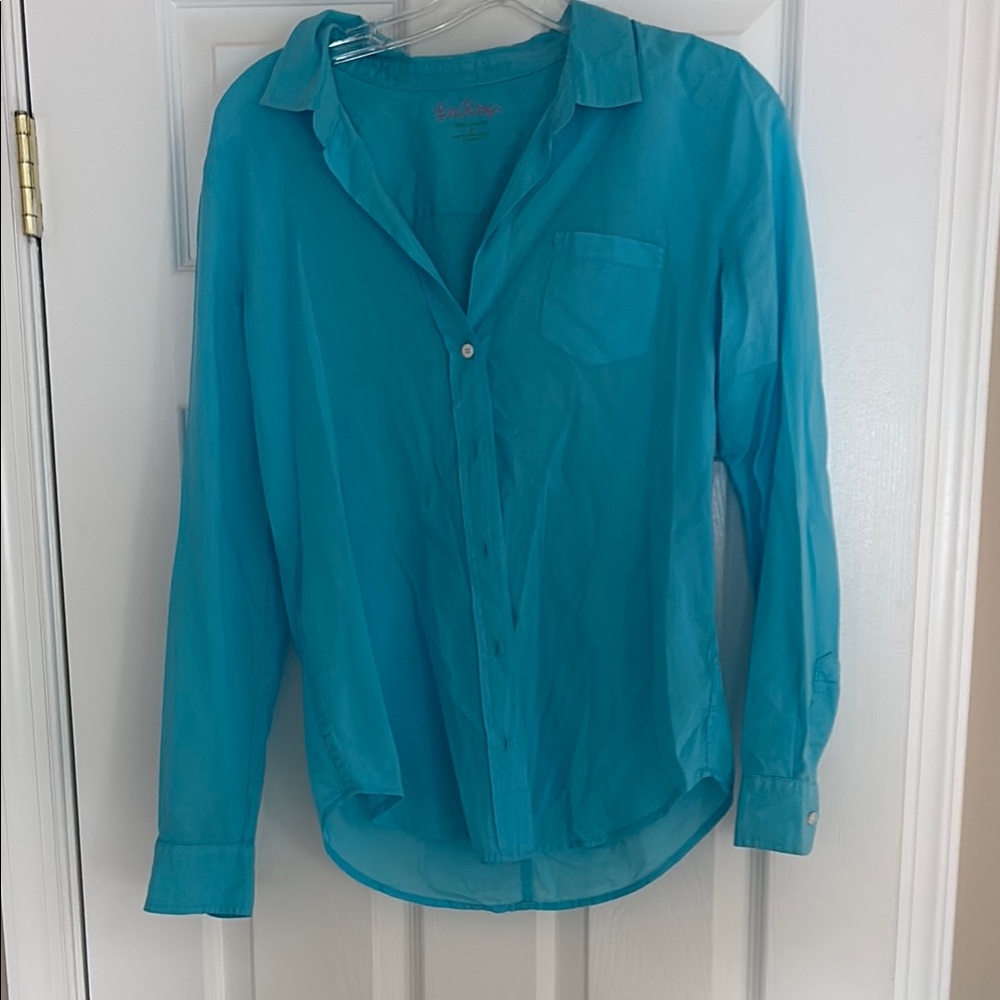 Bright Teal Button-Up Blouse